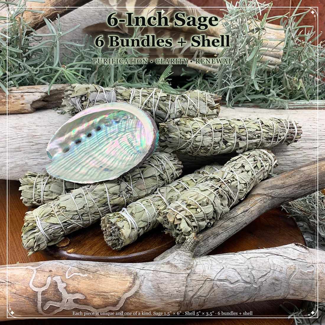 Six 6-inch sage bundles piled with an abalone shell on driftwood