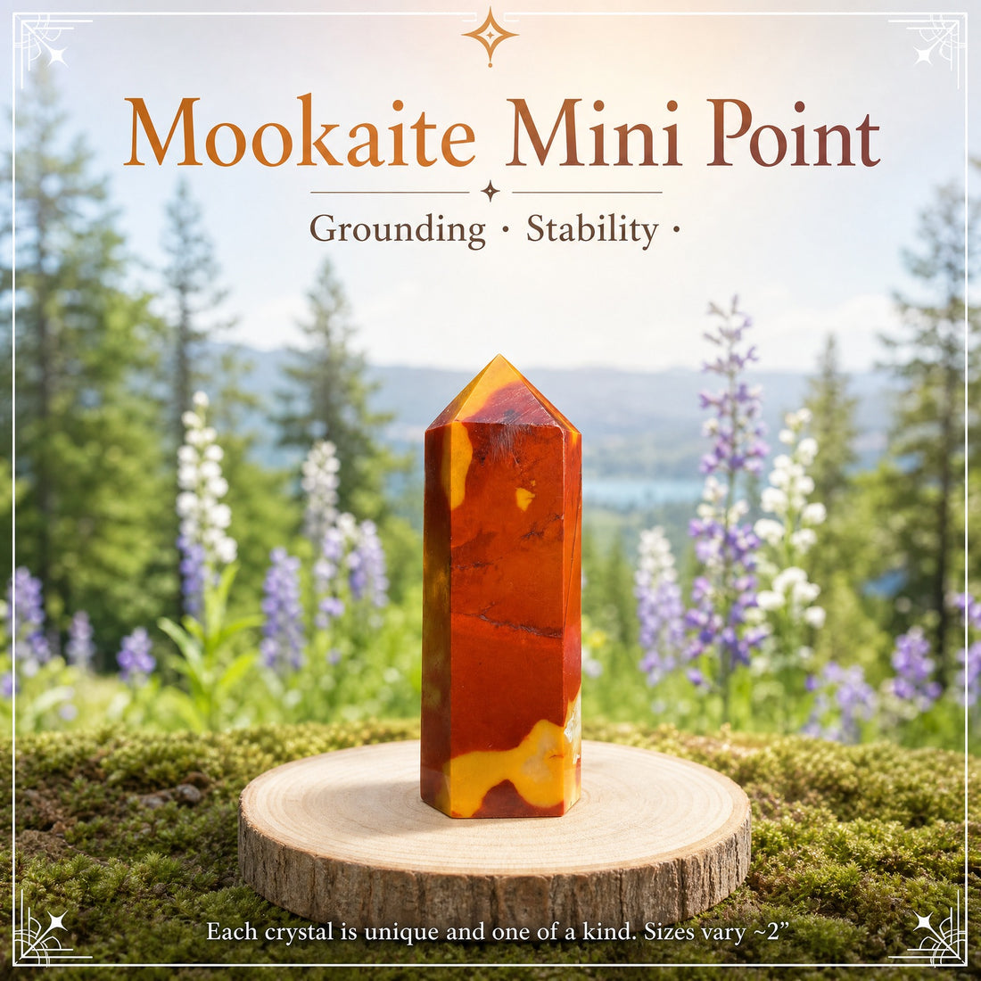 A red and mustard-yellow Mookaite mini point standing on a wooden slice among wildflowers