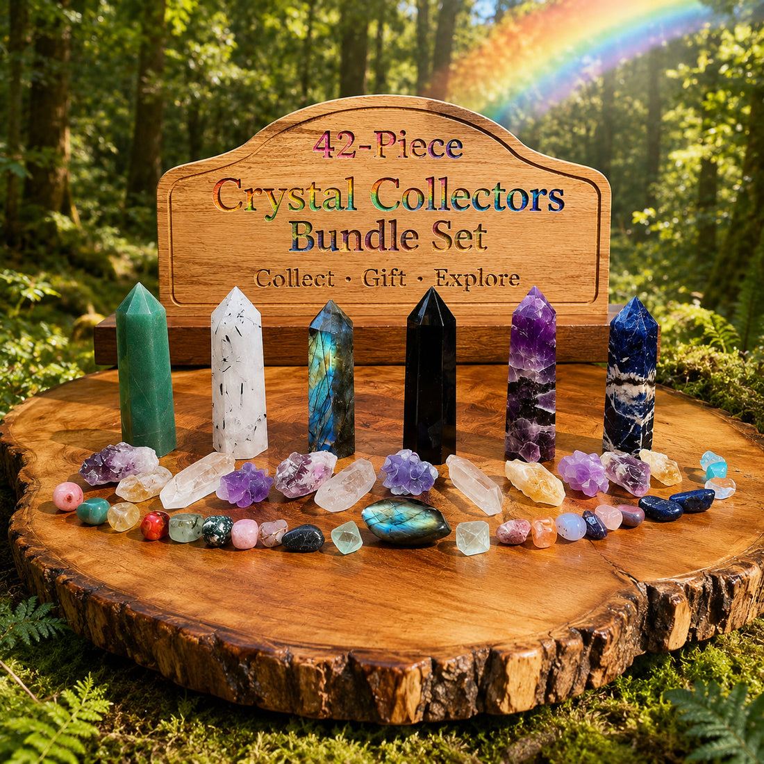 The full 42-piece crystal collectors bundle displayed together, with six points, raw pieces, the cabochon, selenite stick and mini gemstones