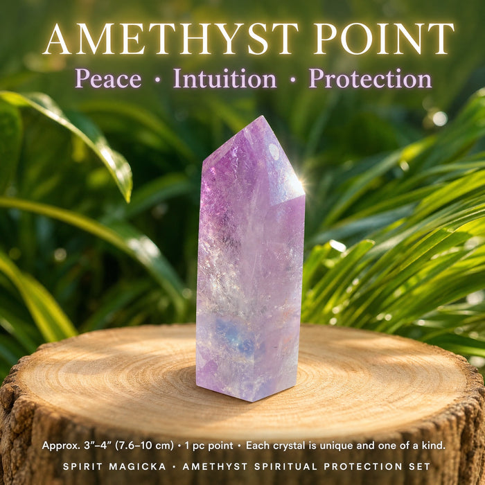 The amethyst point standing upright on a wooden slab, pale violet with a faceted tip