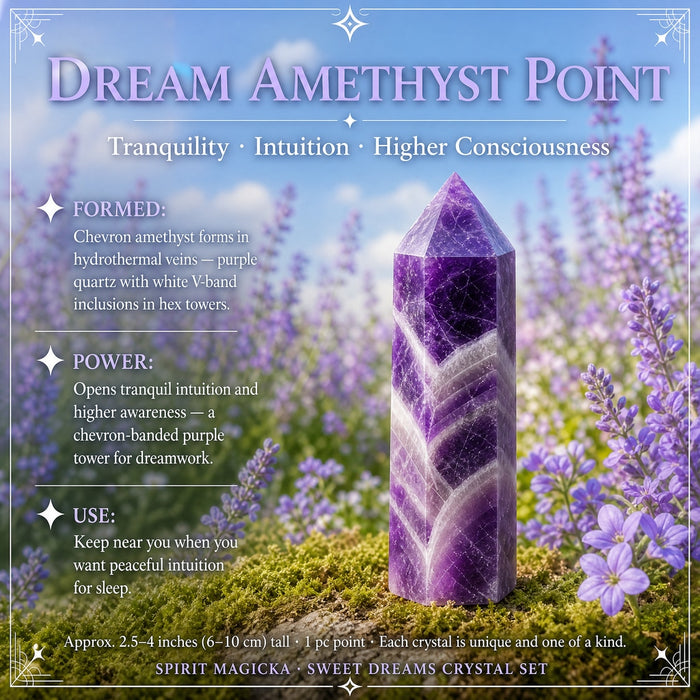 A dream amethyst point with white chevron bands standing on moss among lavender