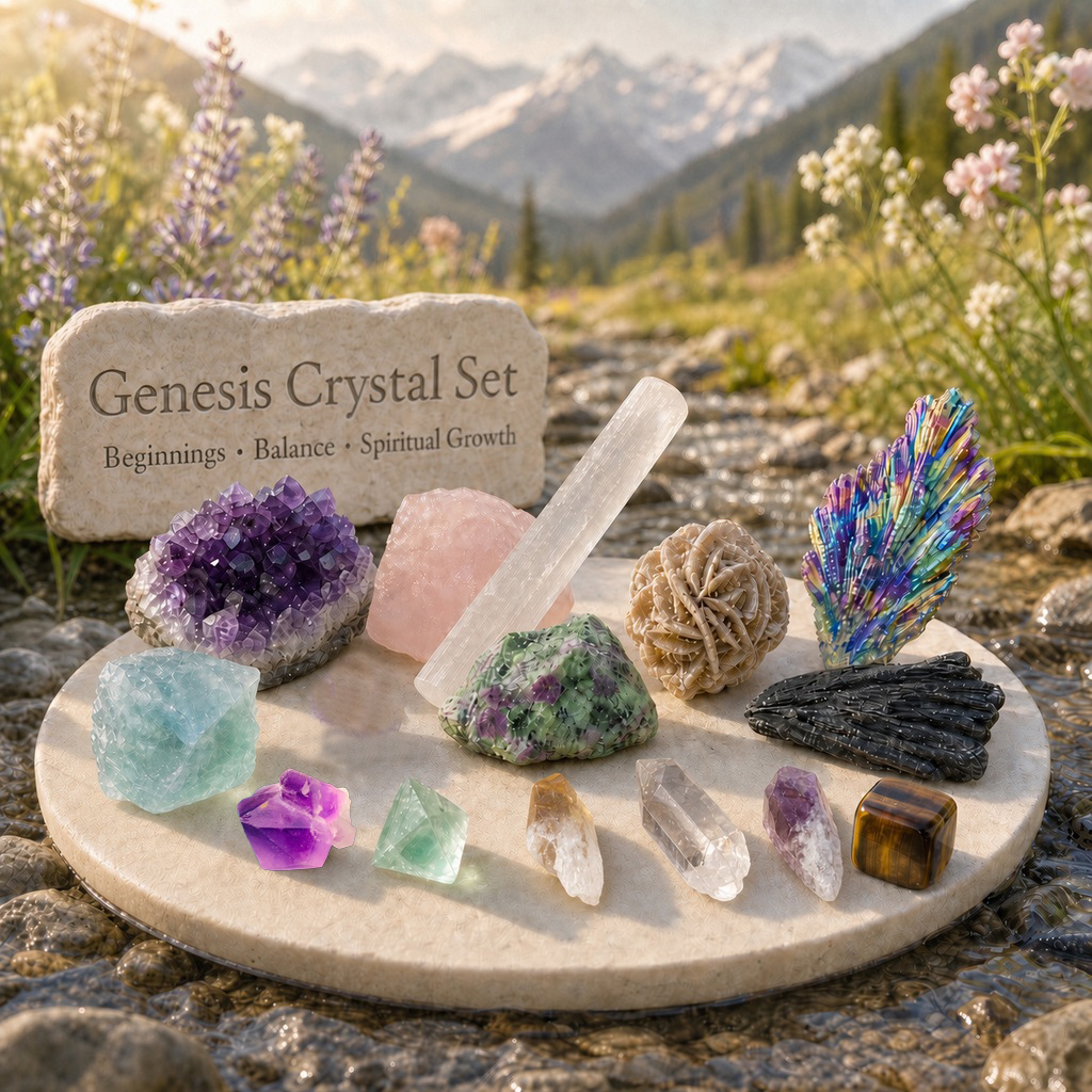 All fourteen Genesis crystals arranged on a round stone tray beside a mountain stream, from the amethyst cluster and rainbow kyanite fan to the tiger eye cube