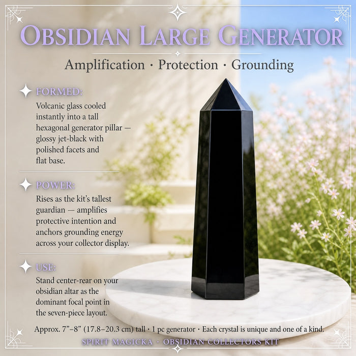 Tall six-sided obsidian generator standing on a white marble platter