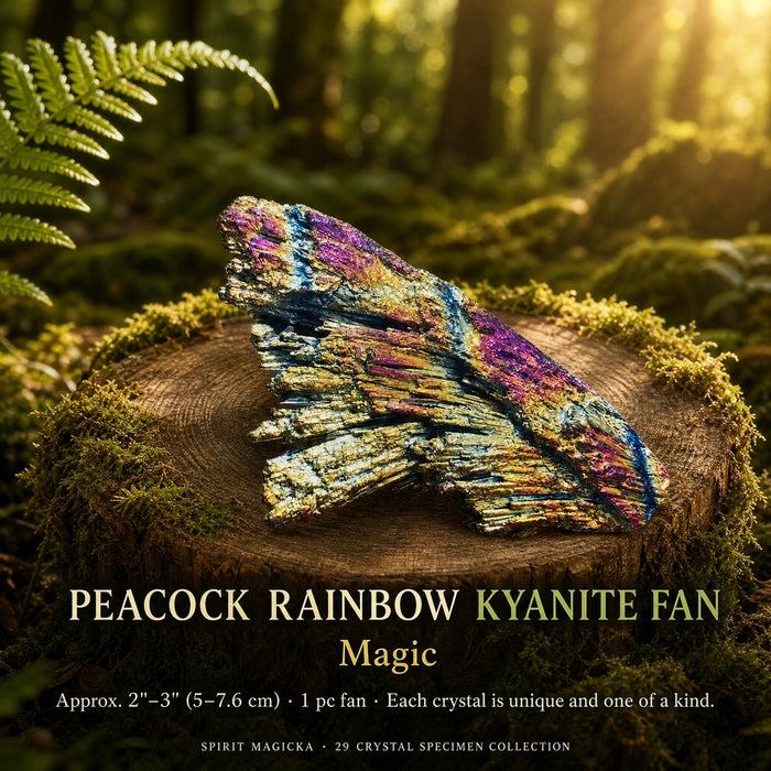 Peacock rainbow kyanite fan shimmering purple, gold and blue on a mossy stump