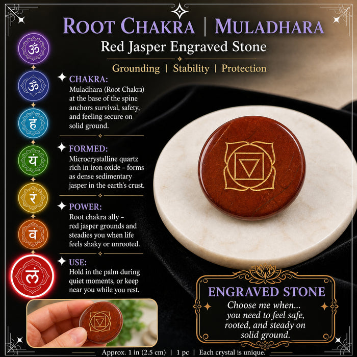 Brick-red red jasper pancake stone engraved with the gold root chakra symbol