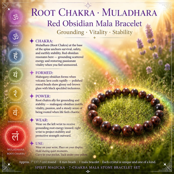 Red Obsidian mala bracelet on grass for the Root Chakra