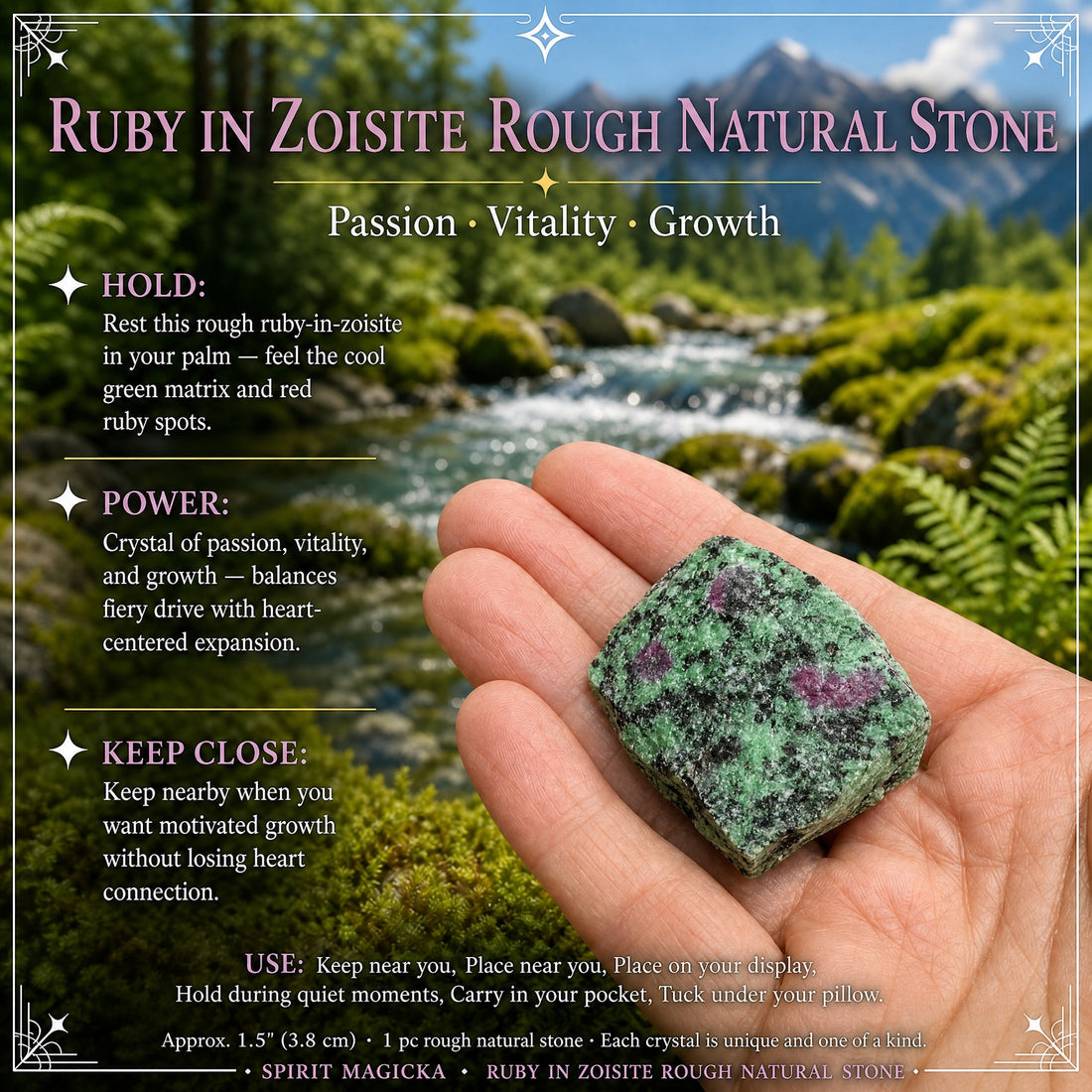 A rough ruby in zoisite stone resting in an open palm, its green matrix flecked with black and pink-red ruby spots