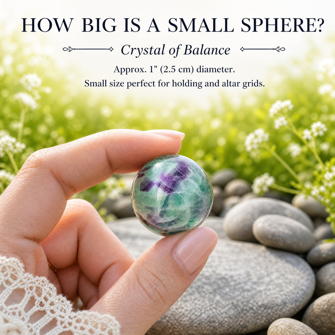 A small green and purple multicolor fluorite sphere held between thumb and finger above smooth river stones