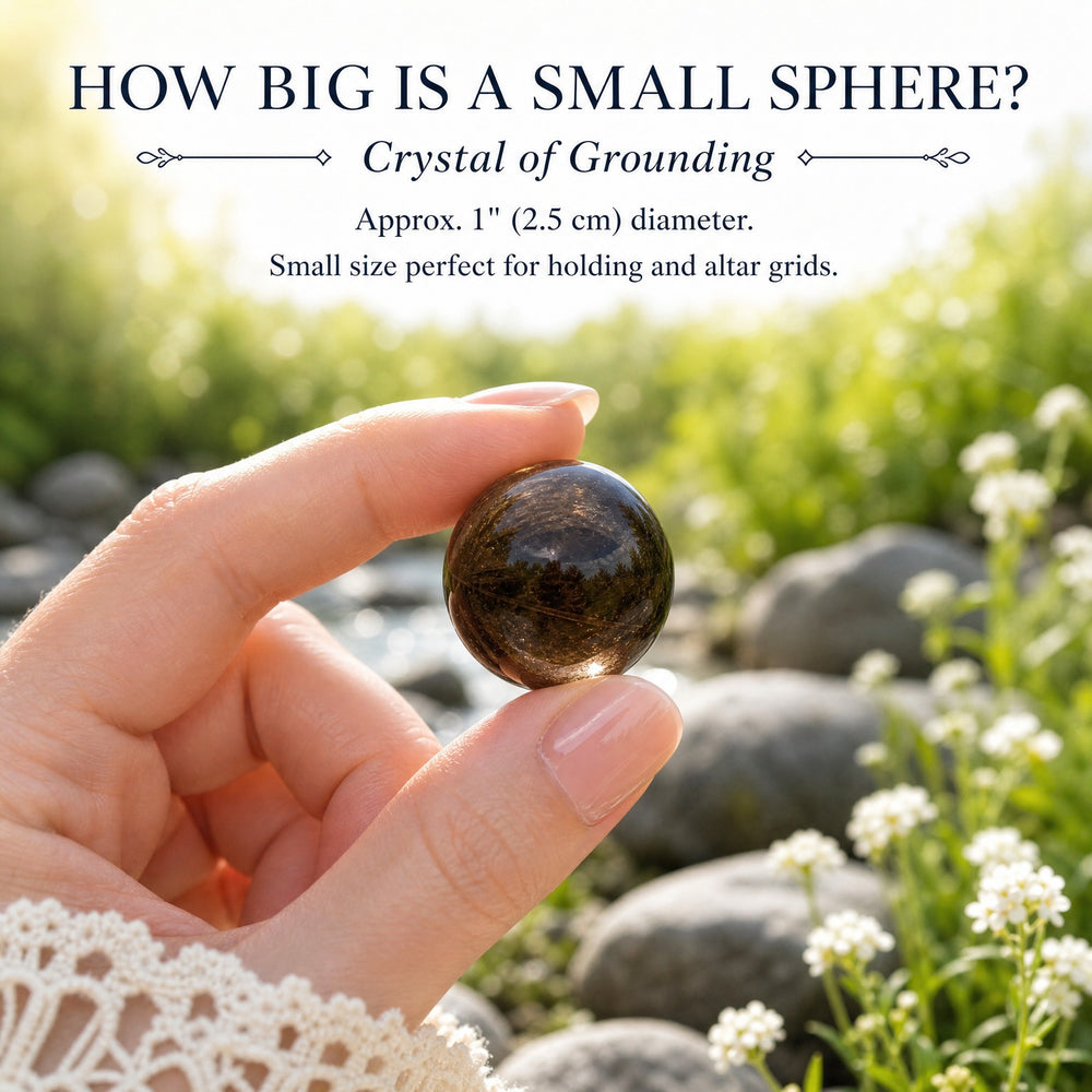 A small smoky quartz sphere held between thumb and finger outdoors
