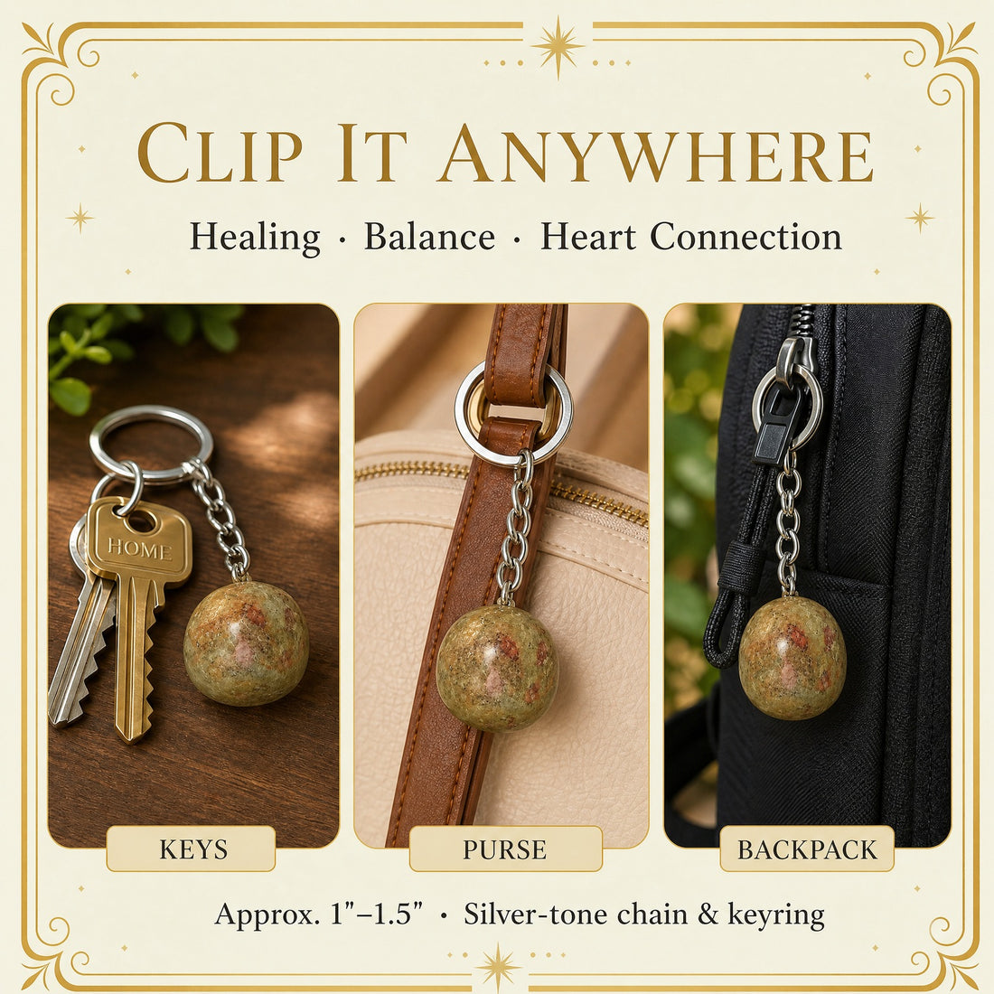 The unakite keychain shown three ways: on a set of house keys, clipped to a purse strap and hanging from a backpack zipper