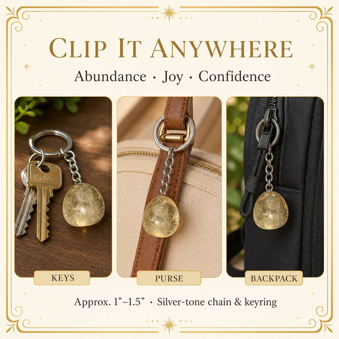 The citrine keychain clipped to a set of keys, a purse strap and a backpack zipper