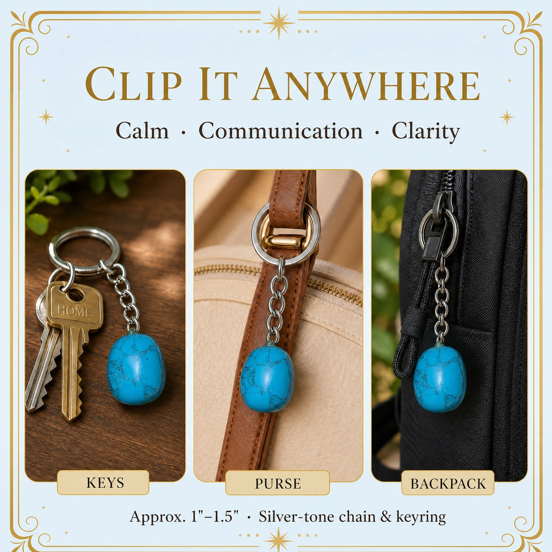 The blue howlite keychain shown three ways: on a ring of house keys, clipped to a purse strap and hanging from a backpack zip