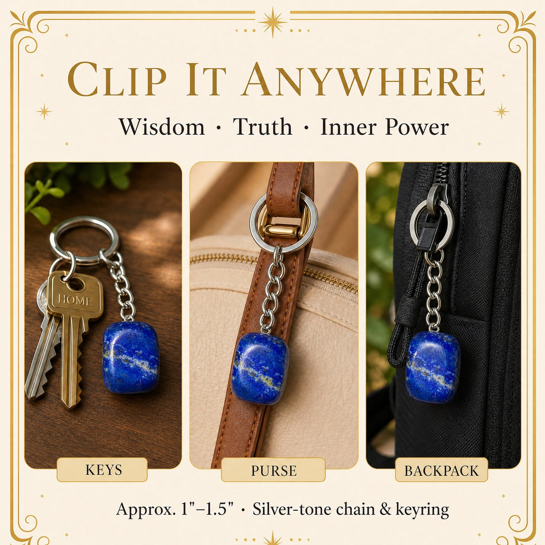 The lapis lazuli keychain shown three ways: on a set of house keys, clipped to a purse strap and hanging from a backpack zipper