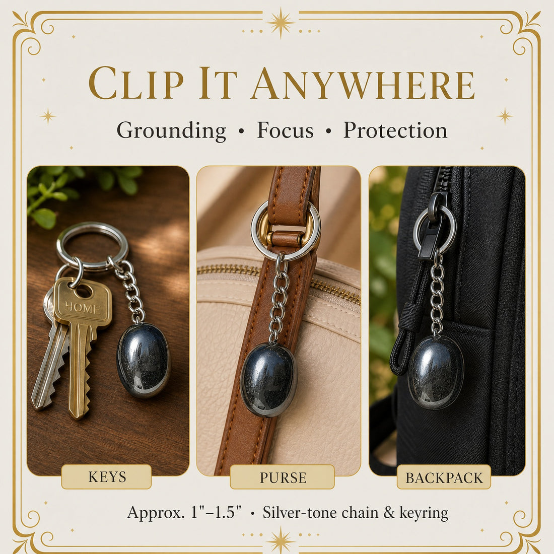 The hematite keychain shown three ways: on a set of keys, on a purse strap and on a backpack zipper