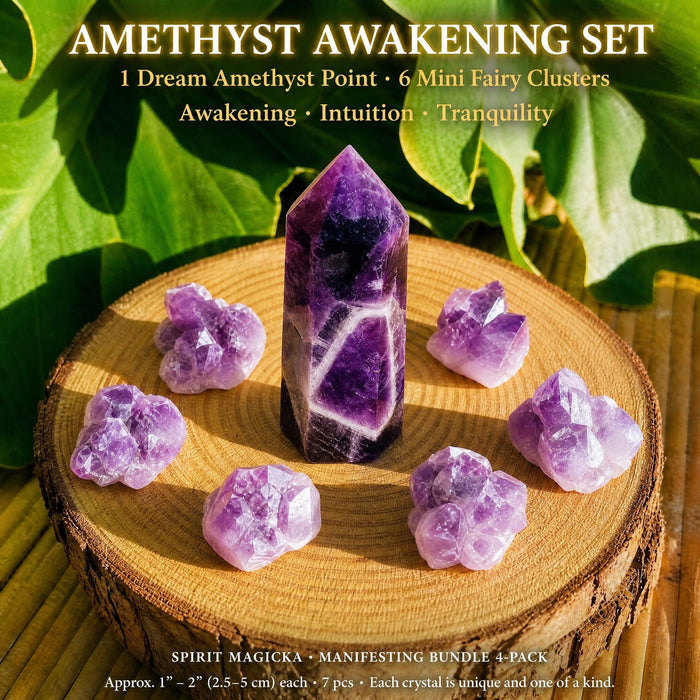 A banded dream amethyst point surrounded by six small amethyst fairy clusters on a wooden slice