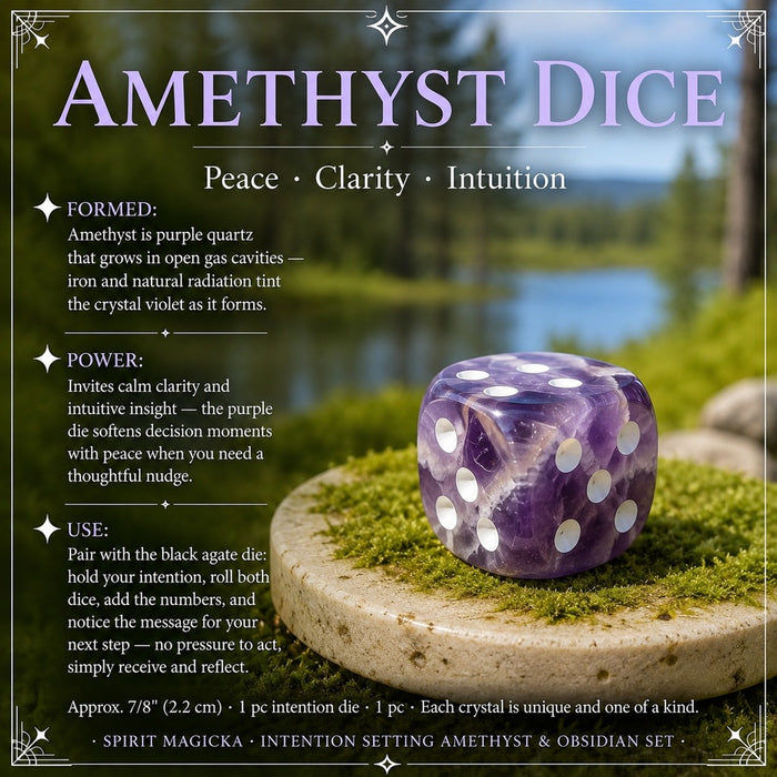 Amethyst die with white pips on a mossy stone slab