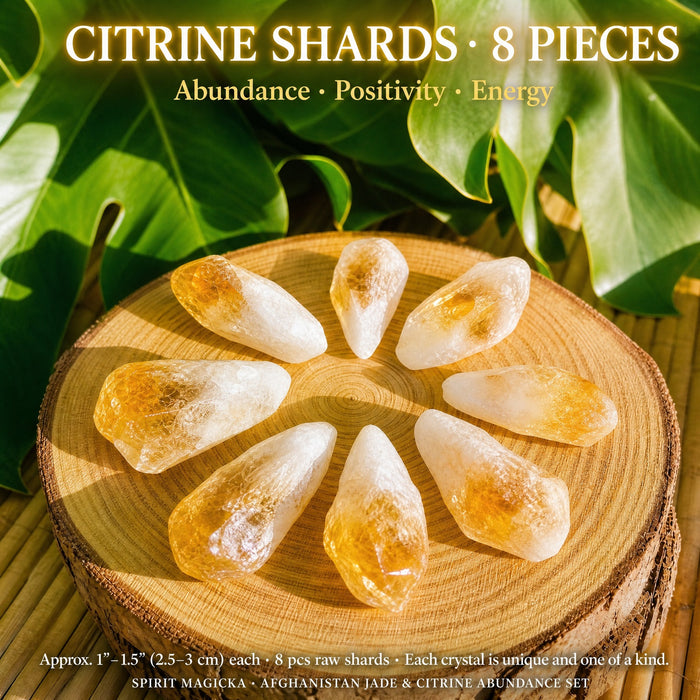 Eight raw golden citrine shards arranged in a circle on a wood slice