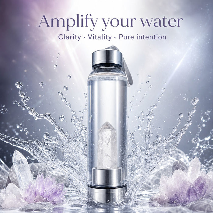 Water bottle with a clear quartz point insert surrounded by a splash of water