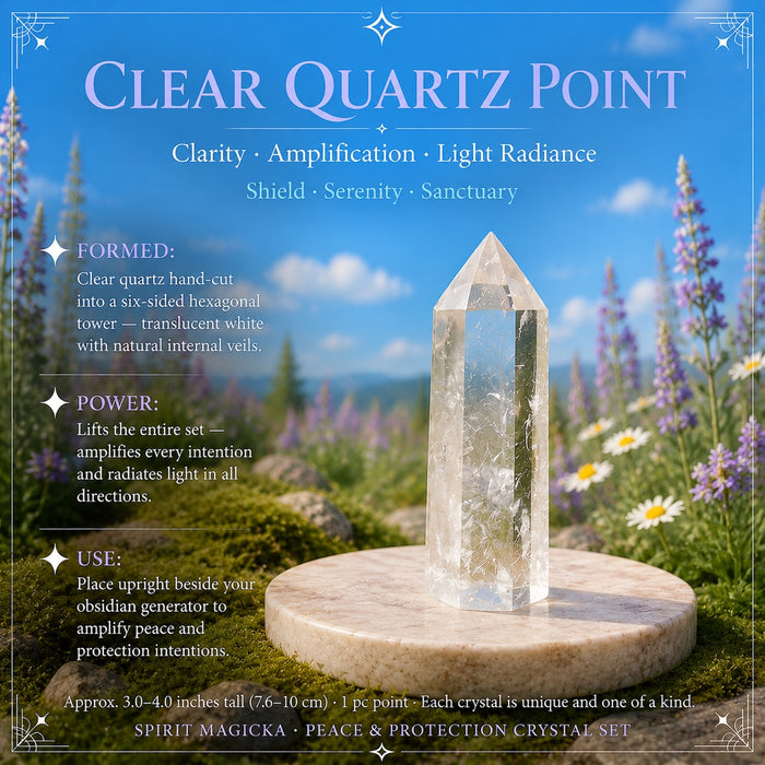 Six-sided clear quartz point with soft inner veils standing on a round stone