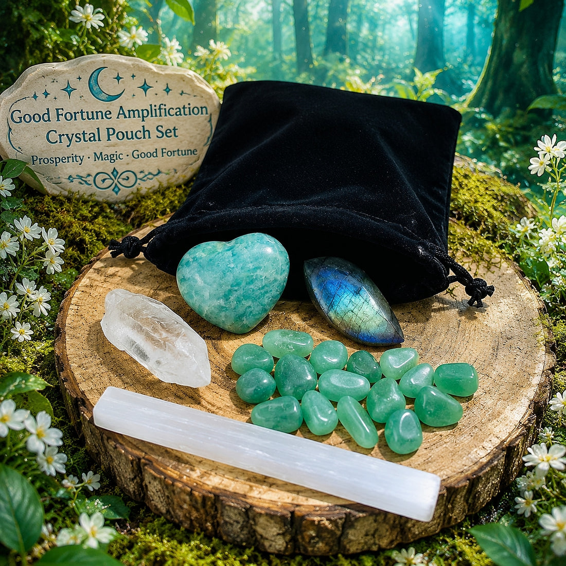 An amazonite heart, a labradorite cabochon, green aventurine minis, a quartz shard, a selenite stick and a black velvet pouch on a wooden slice