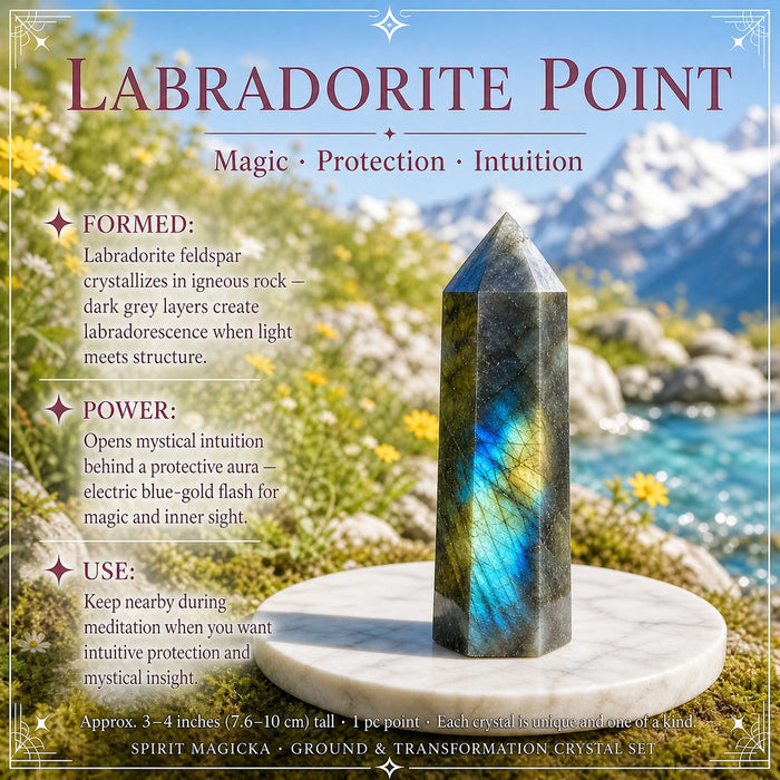 Dark labradorite point flashing blue and gold on a marble dish
