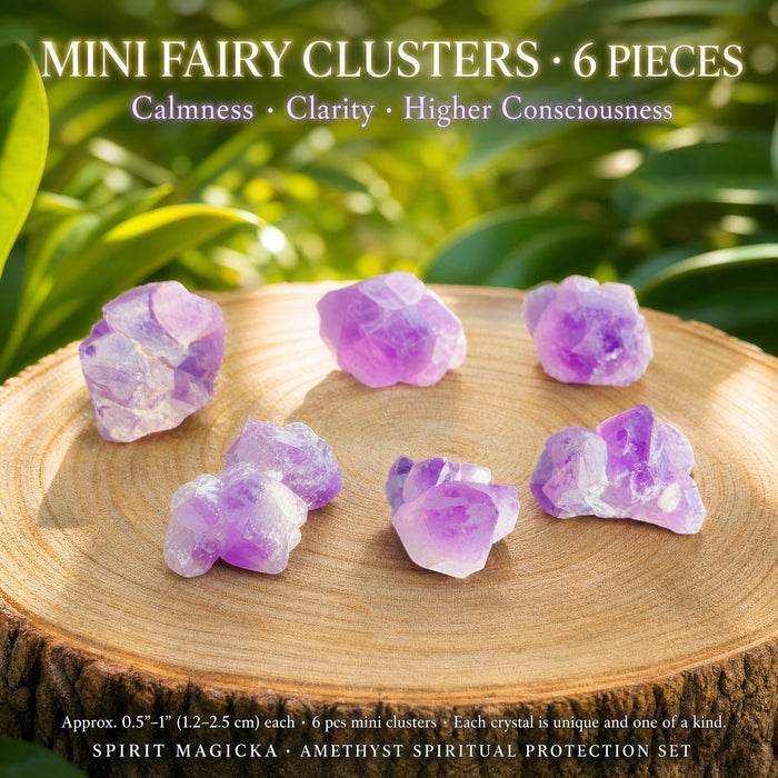 Six small amethyst fairy clusters arranged on a wooden slab