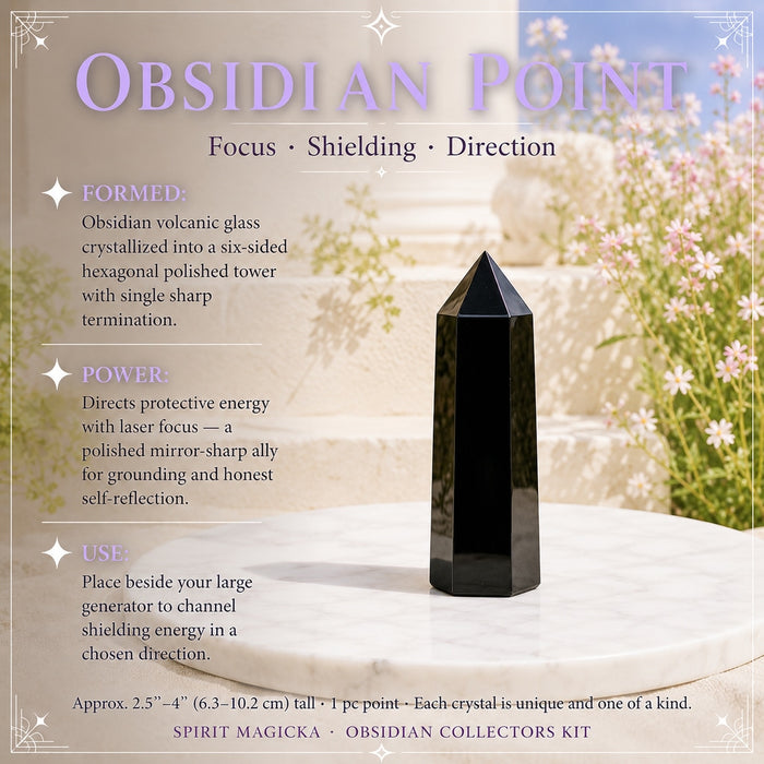 Slender six-sided obsidian point with one sharp tip on a white marble platter