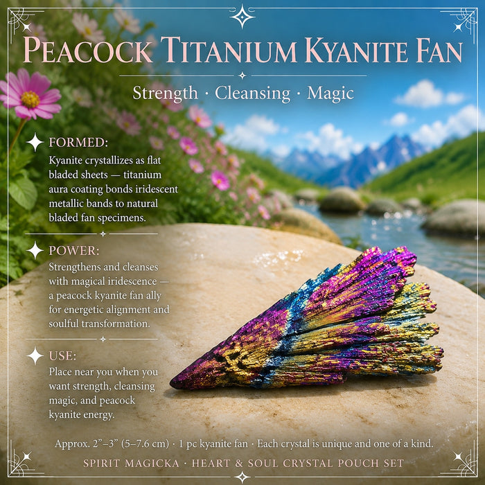Peacock titanium kyanite fan shimmering purple, blue and gold