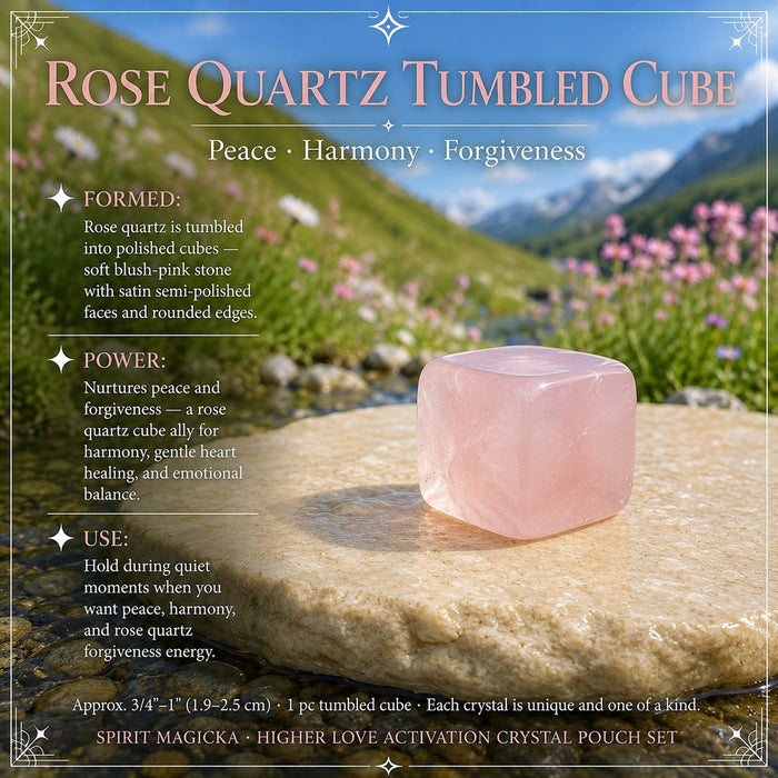 A polished pink rose quartz tumbled cube with rounded corners on a stone slab