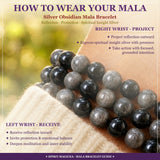 Bracelet Mala en obsidienne argentée avec pochette en velours