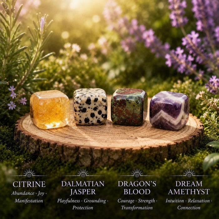 Citrine, Dalmatian Jasper, Dragon's Blood and Dream Amethyst tumbled cubes