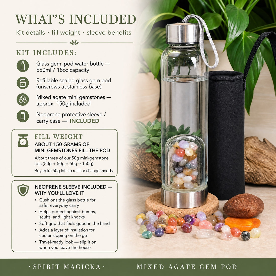 Gem pod water bottle with colourful mixed agate mini gemstones in its base pod, a black neoprene sleeve and loose agate stones