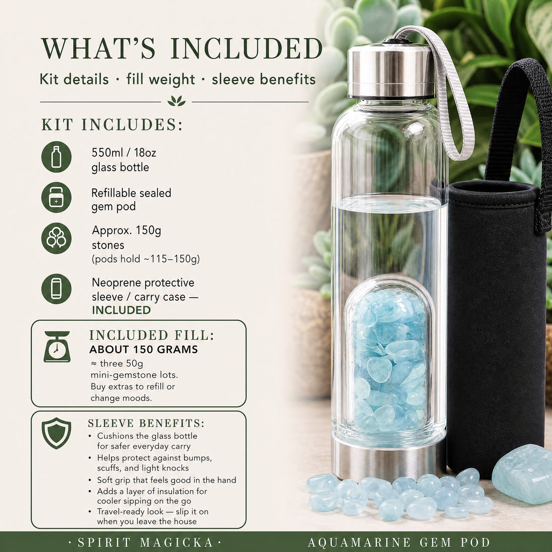The aquamarine gem pod bottle filled with water beside its black neoprene carry sleeve, with loose aquamarine mini stones in front