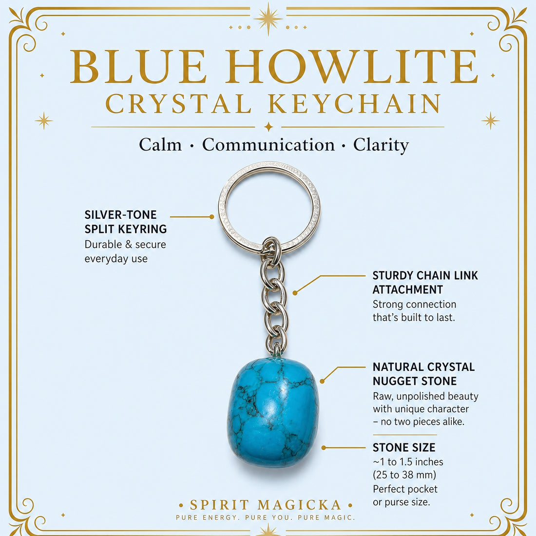 The blue howlite keychain laid out with labels: silver-tone split keyring, chain link attachment and the blue stone, about 1 to 1.5 inches