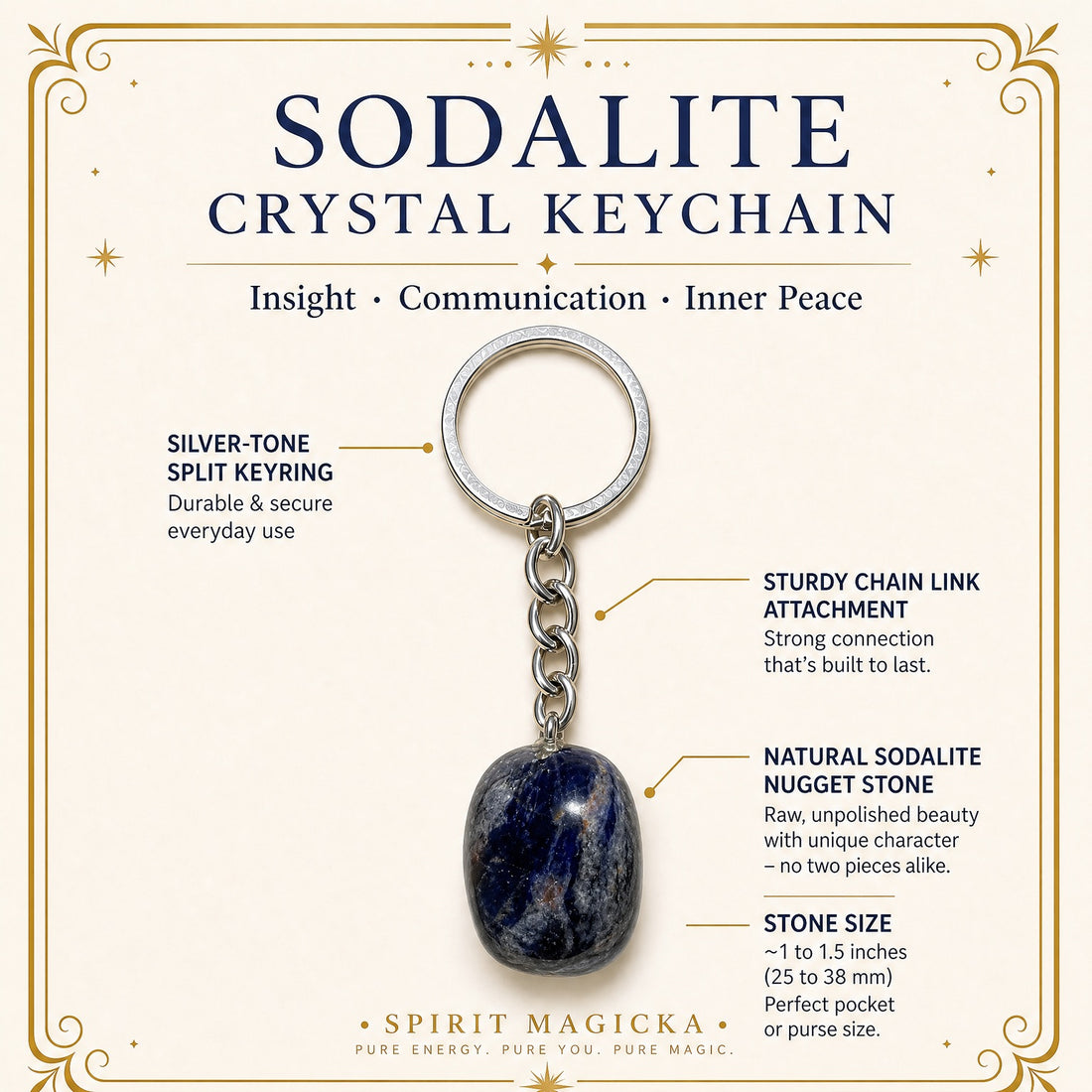 A deep blue sodalite nugget veined with white, hanging from a silver-tone chain and split keyring