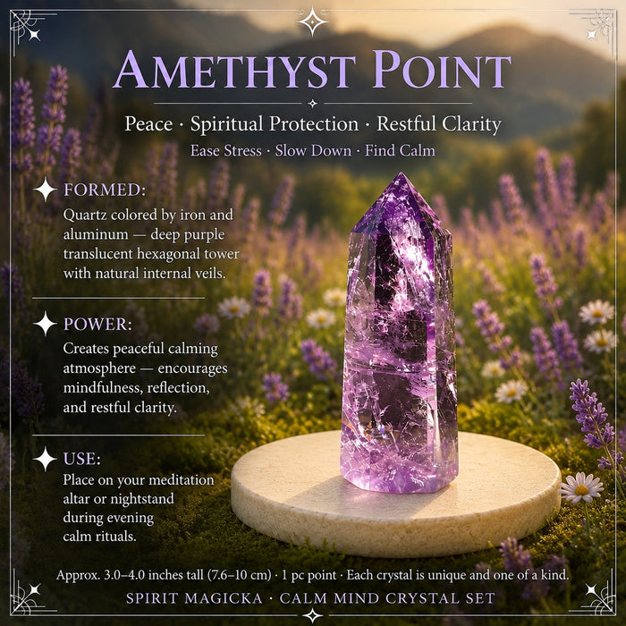 A deep purple amethyst point with inner veils standing on a stone disc among lavender