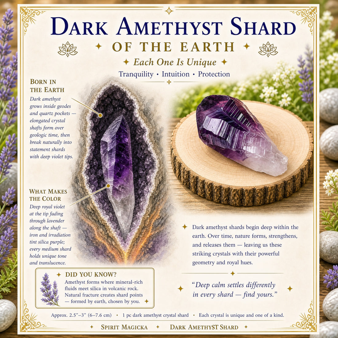 Illustration of an amethyst crystal growing inside a geode, beside a dark amethyst shard resting on a wood slice