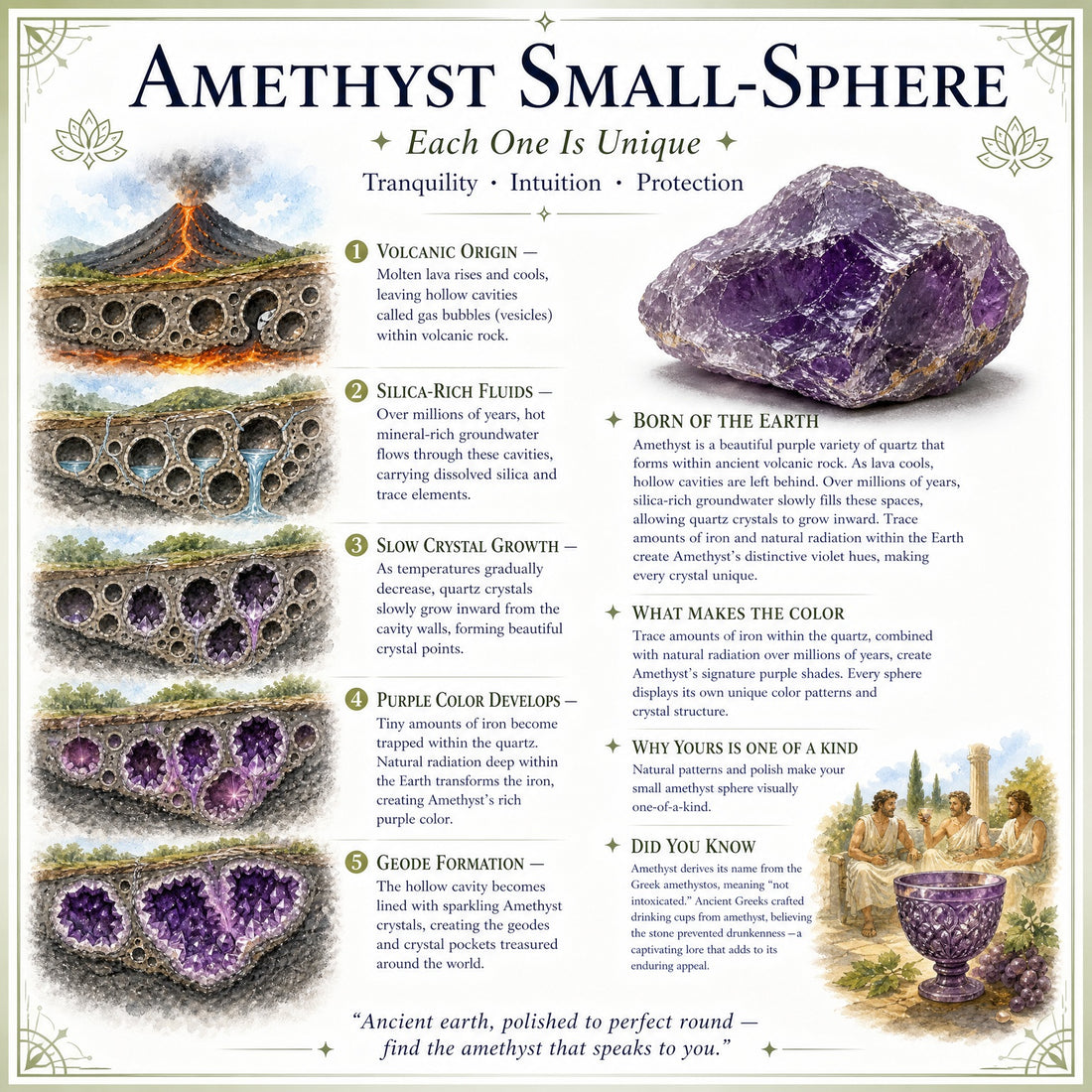 Illustrated guide to amethyst forming inside volcanic rock cavities, beside a raw amethyst crystal and an ancient amethyst cup
