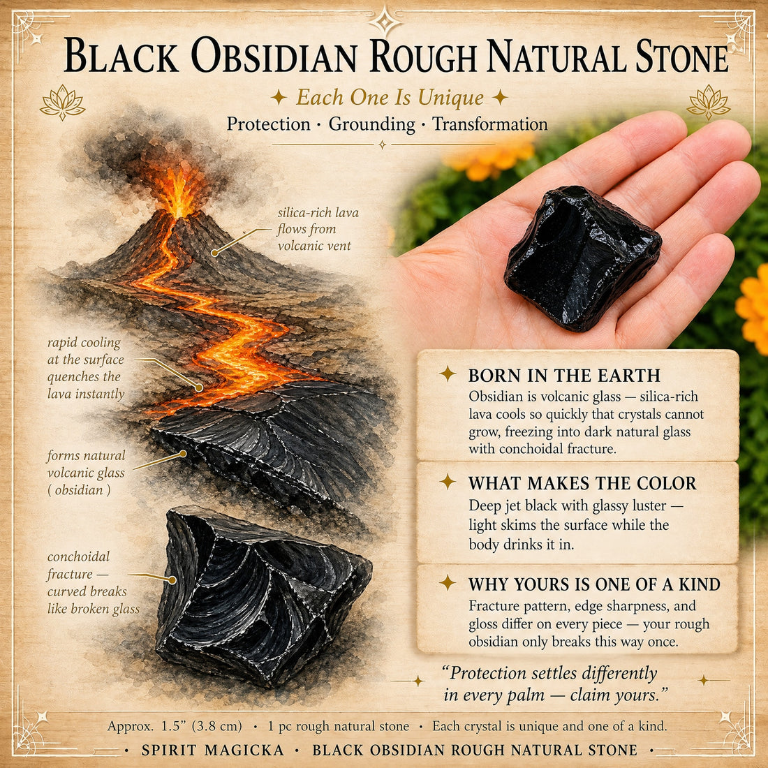 Illustration of lava flowing from a volcano and cooling into black obsidian, beside a raw obsidian stone resting in an open palm
