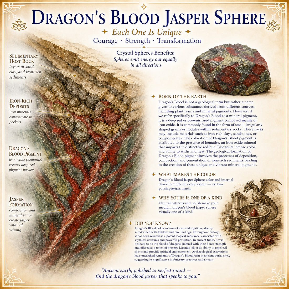 Illustration of red, iron-rich sedimentary layers forming dragon blood jasper, beside a rough piece of the stone