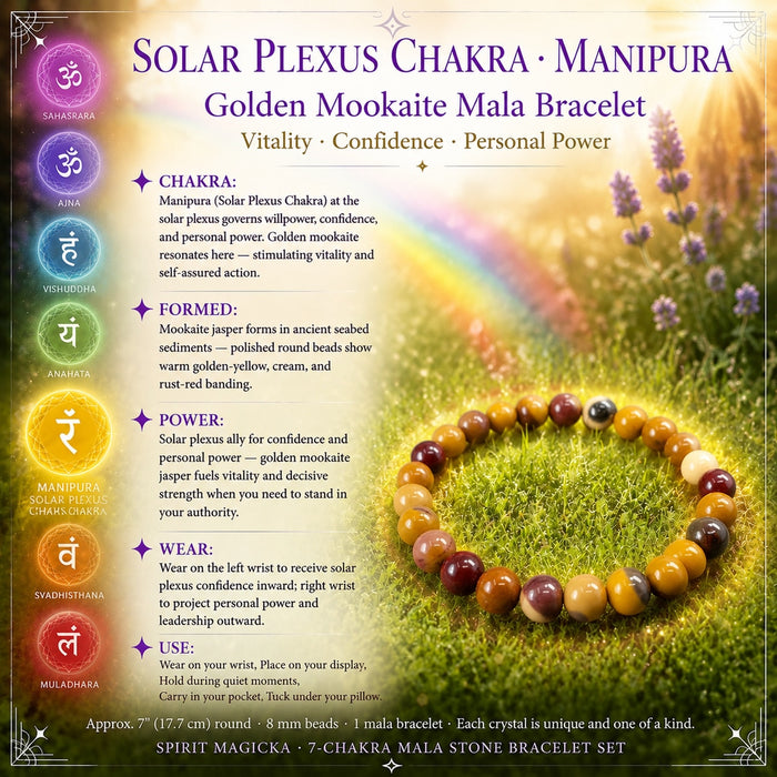 Golden Mookaite Jasper mala bracelet on grass for the Solar Plexus Chakra