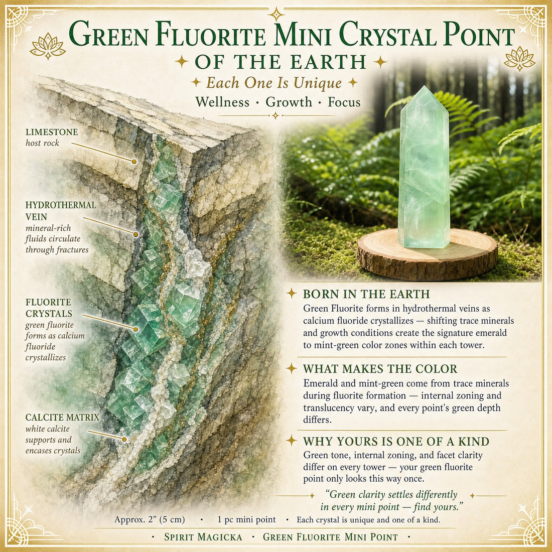 Illustrated guide to green fluorite forming in the earth, beside a green fluorite point standing on a wood slice