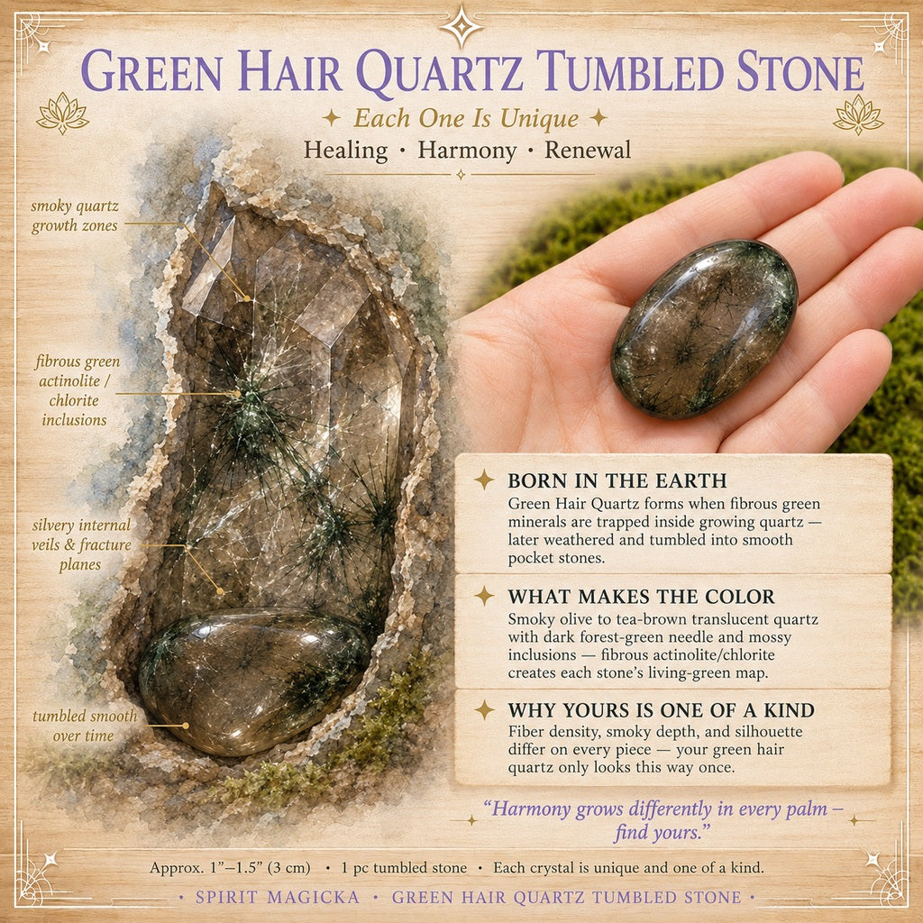 Illustration of green fibrous inclusions trapped inside growing quartz, beside a smoky tumbled green hair quartz resting in an open palm