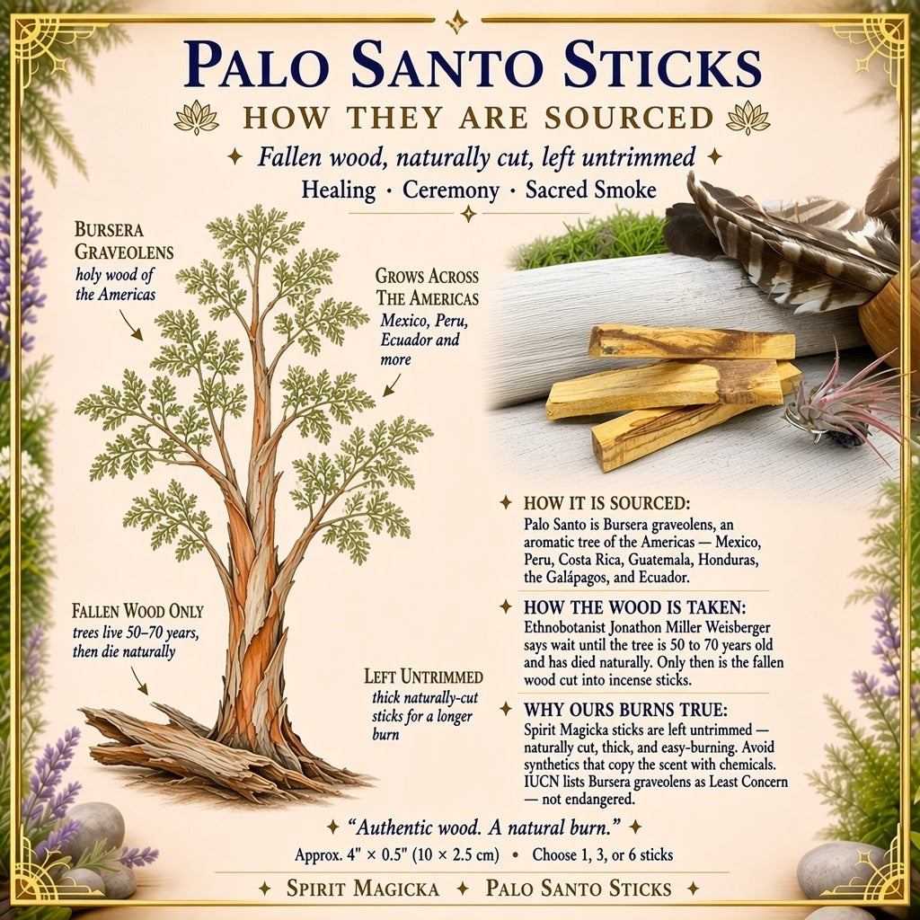 Illustrated guide to how Palo Santo is sourced: a Bursera graveolens tree, fallen wood at its base and a stack of cut sticks