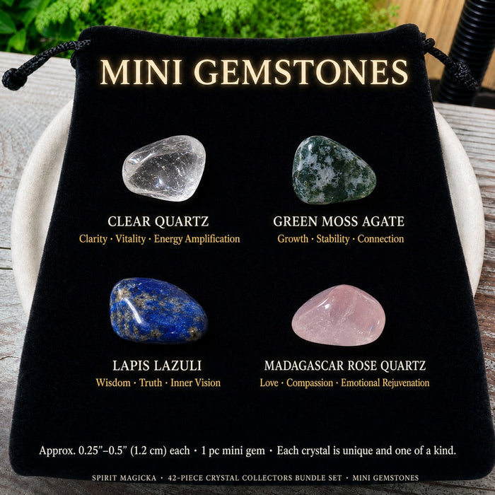 Mini gemstones: Clear Quartz, Green Moss Agate, Lapis Lazuli and Madagascar Rose Quartz