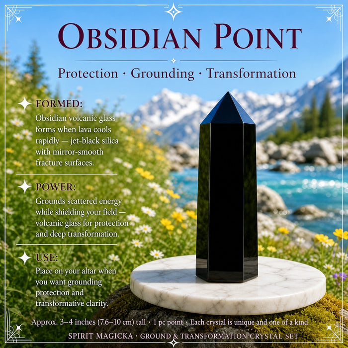 Glossy black obsidian point on a marble dish