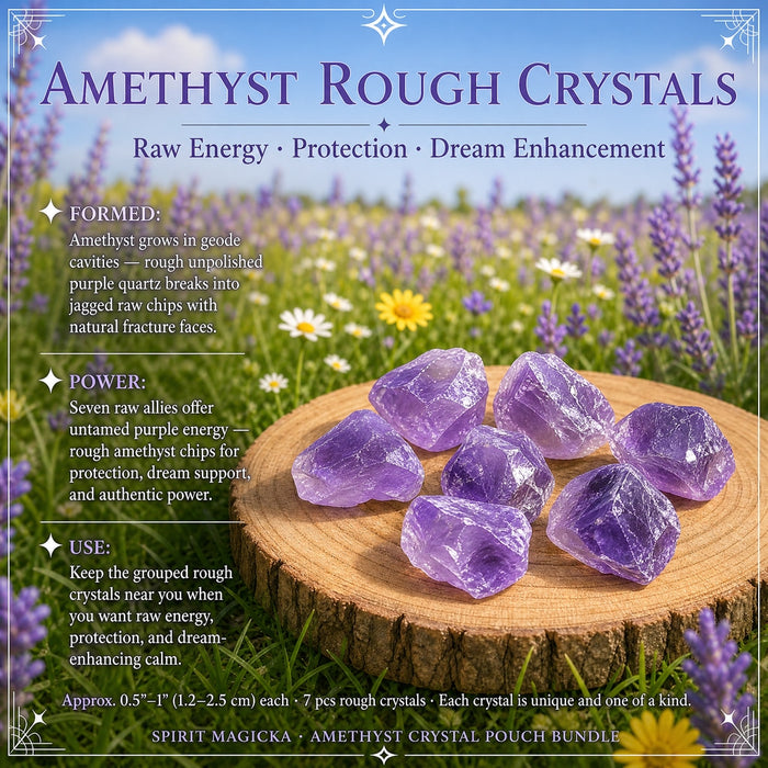 Seven rough amethyst crystals grouped on a wood round