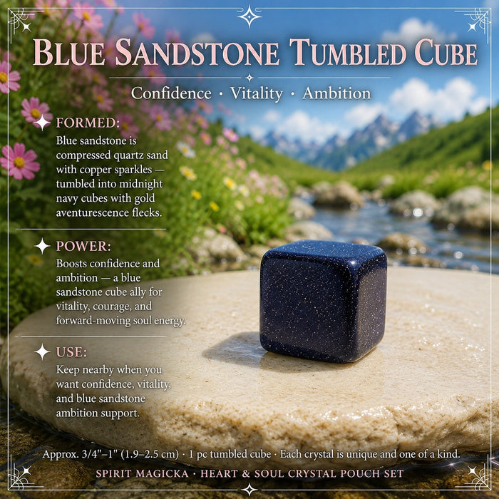 Midnight-blue blue sandstone tumbled cube flecked with gold sparkle