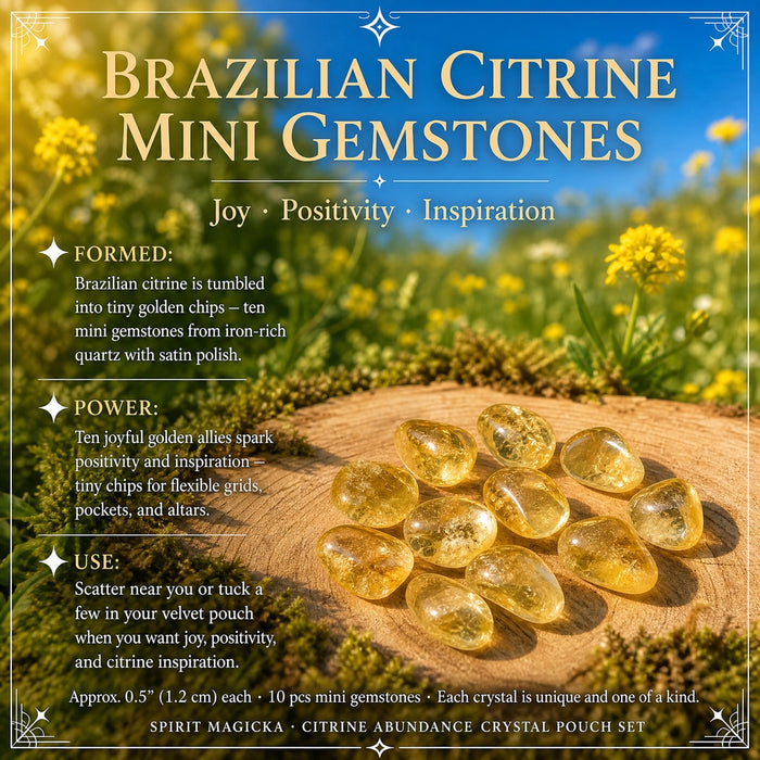 A small group of polished golden Brazilian citrine mini gemstones on a wooden round