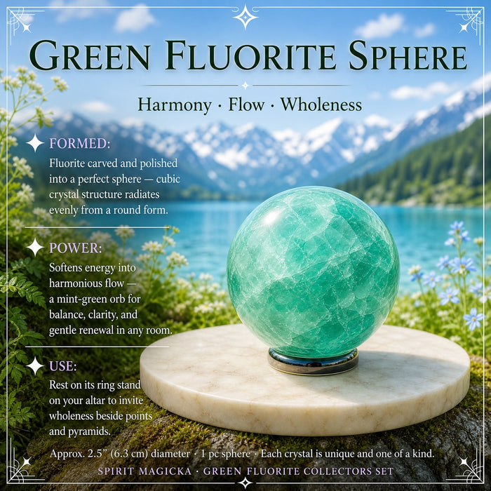 A polished mint-green fluorite sphere resting on a ring stand on a marble disc